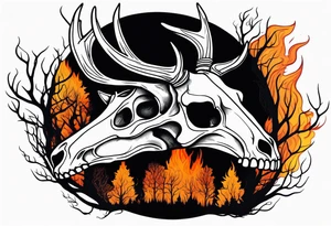 Halloween side view of a DECAYING deer skull JUST BONE surrounded by a flames and trees in background tattoo idea