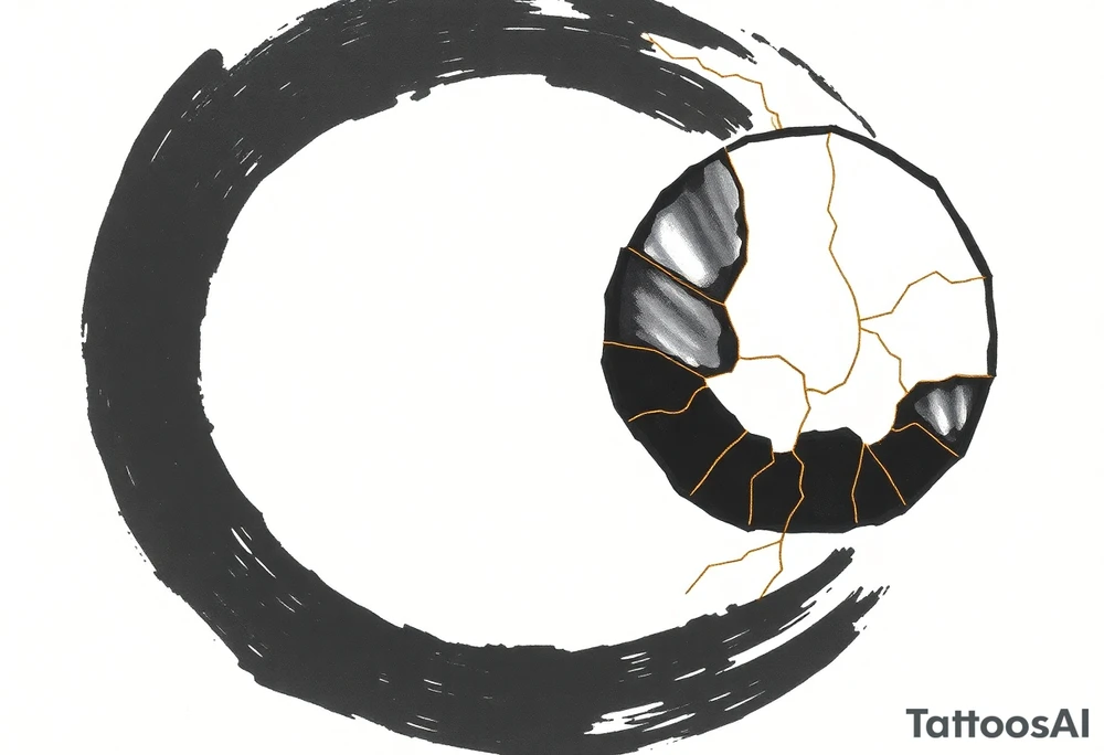 A Japanese‑inspired tattoo of a thick Zen ensō circle, drawn with a bold, hand‑painted black ink brushstroke. The circle is imperfect and organic, with visible texture and subtle variation in line thickness. About the last quarter of the circle, near the top‑right, transforms into a cracked ceramic segment that has been repaired using kintsugi: visible broken pieces outlined and joined by thin, flowing gold lines. There should be a couple big pieces rather than lots of small ones. The circle and the ceramic part should have the same thickness. The gold seams follow the natural fractures of the ceramic section, creating several branching cracks rather than a single line, clearly distinguishing this repaired portion from the rest of the smooth ink circle. The transition from ink to ceramic should feel natural, as if the painted circle solidifies into a fragile object that has been lovingly mended. Keep the interior of the circle empty, with a clean white background and no extra symbols or text. Design it as a black and gray tattoo with a subtle metallic gold effect on the kintsugi seams, suitable for a medium‑sized placement on the back of the bicep. tattoo idea