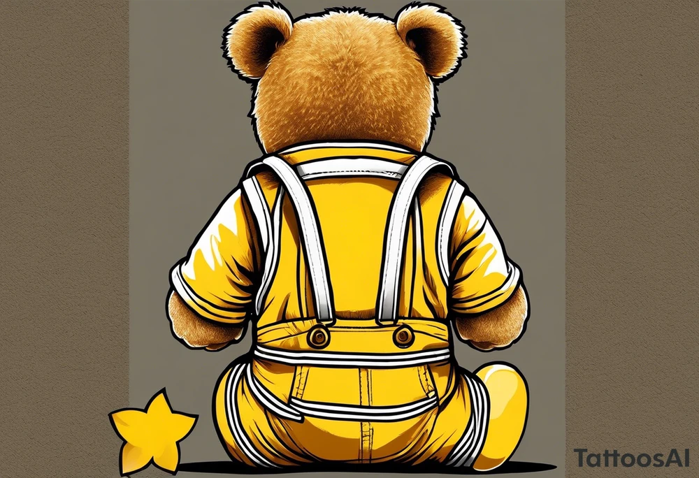 image of the back of a light brown teddy bear standing in yellow overalls, striped tank top and wearing boots tattoo idea