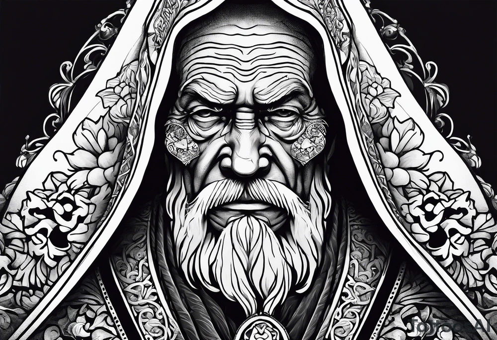 old man in cloak wrestling with a skeleton tattoo idea
