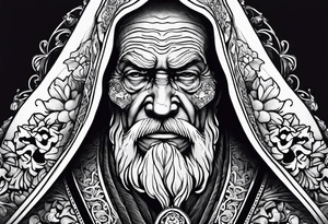 old man in cloak wrestling with a skeleton tattoo idea