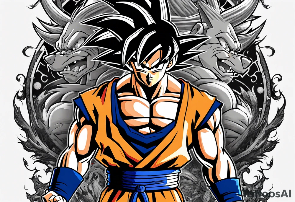 Son-Goku as a super saiyajin . A huge dragonball surrounds the whole scenery. Shadows of Gokus friends are surrounding him. tattoo idea