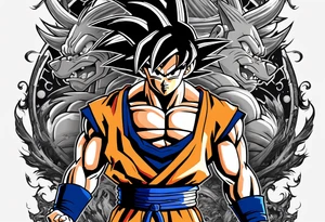 Son-Goku as a super saiyajin . A huge dragonball surrounds the whole scenery. Shadows of Gokus friends are surrounding him. tattoo idea