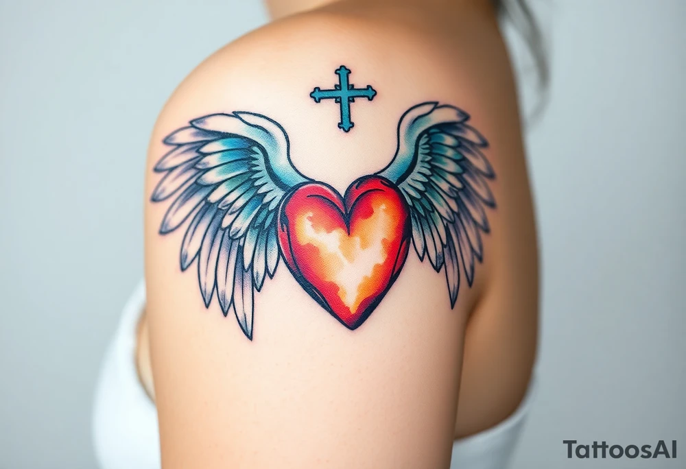 catholic sacred heart with angel wings tattoo idea