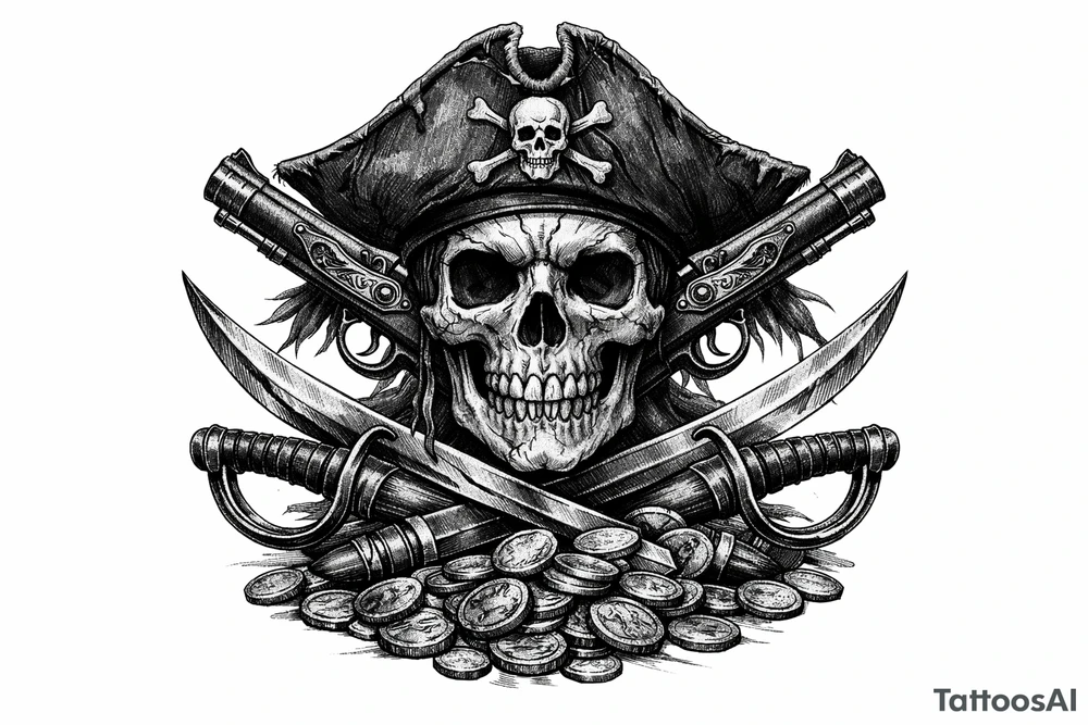 Black and grey skull with pirate hat, crossed flintlock pistols, sabers, and scattered gold coins. tattoo idea