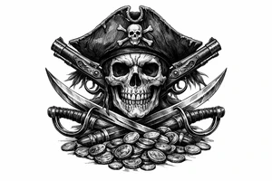 Black and grey skull with pirate hat, crossed flintlock pistols, sabers, and scattered gold coins. tattoo idea