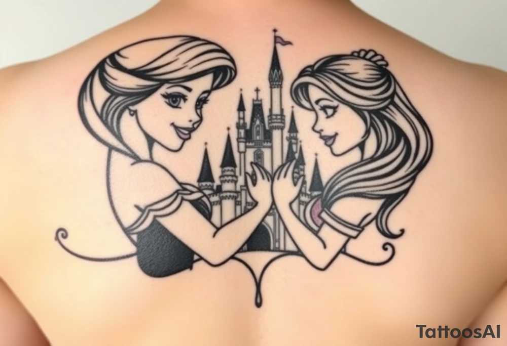 Disney princesses ariel and bell, hugging inn front of disney castle, black and white realism,castle can be outlined no need for details. tattoo idea