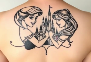 Disney princesses ariel and bell, hugging inn front of disney castle, black and white realism,castle can be outlined no need for details. tattoo idea