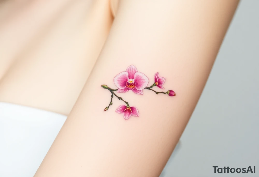 A delicate pink orchid branch, wrapped around the wrist like a bracelet, with soft watercolor shading tattoo idea