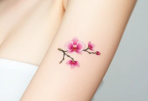 A delicate pink orchid branch, wrapped around the wrist like a bracelet, with soft watercolor shading tattoo idea