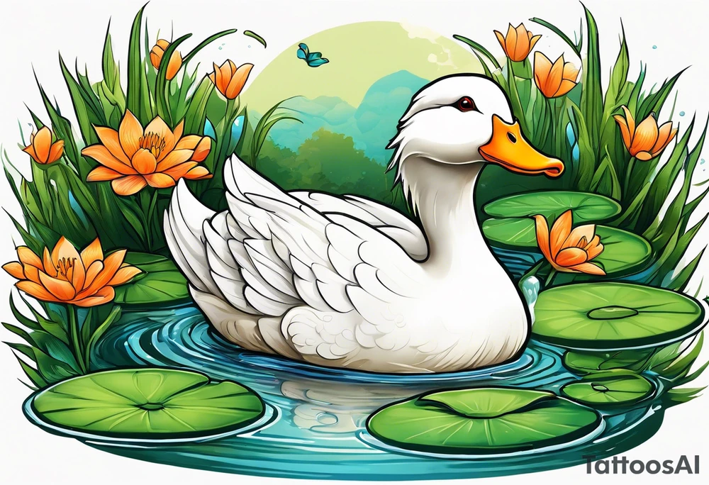 A white Duck with orange feet and a green toad playing together in a pond tattoo idea