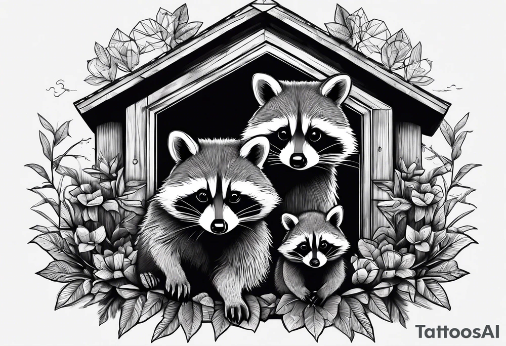 Raccoon Family playing in Front of their New house tattoo idea