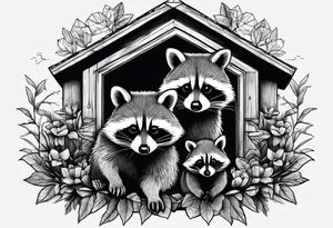 Raccoon Family playing in Front of their New house tattoo idea