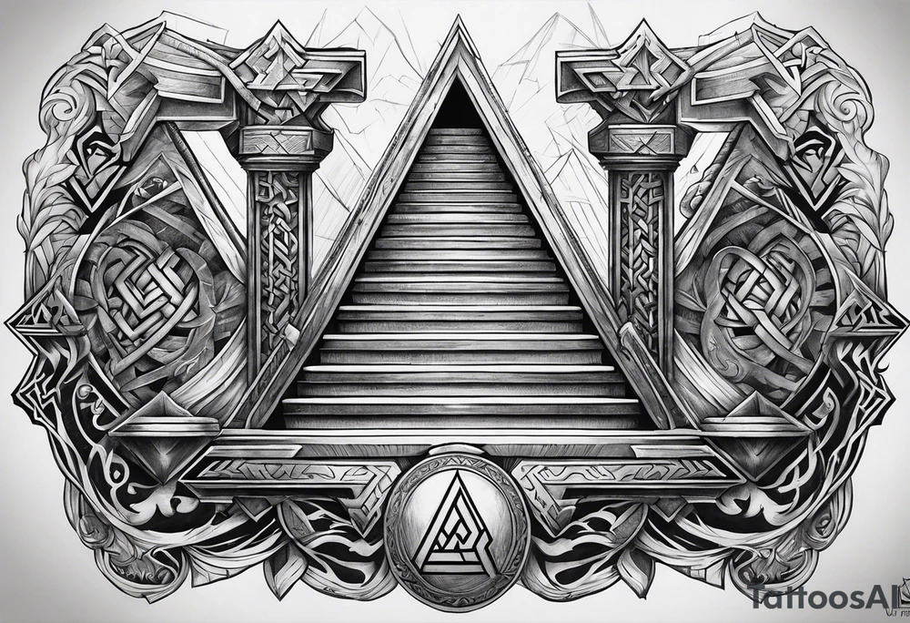 Valhalla sword shield axe Valknut stairs tattoo idea