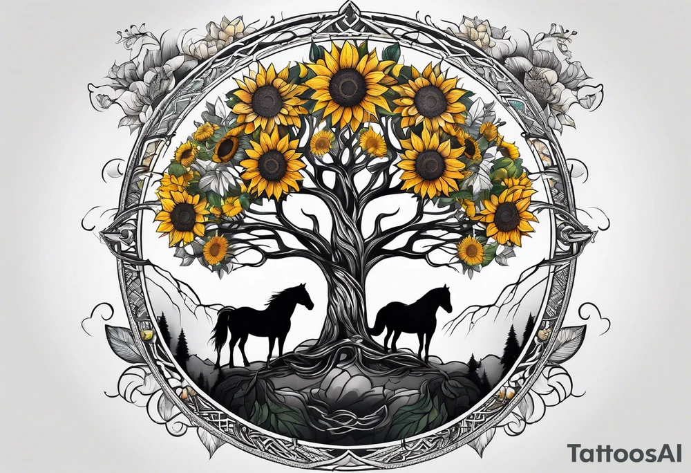 Yggdrasil tree, horse in front of it, and sunflowers tattoo idea