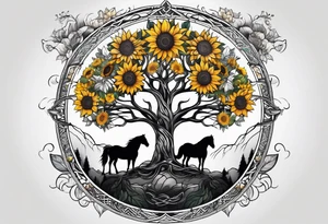Yggdrasil tree, horse in front of it, and sunflowers tattoo idea