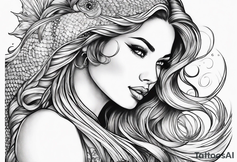 sexy goddess mermaid with flowing hair and long flowing tail with scales and tattoos combine the favorites tattoo idea
