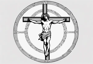 Crucified man inside a circle of Roman numerals tattoo idea