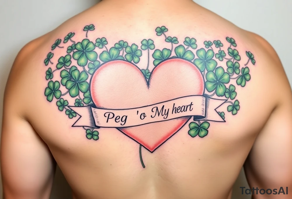 A ton of green shamrocks together with a big pale pink heart with a banner across the heart that says Peg 'o My Heart tattoo idea