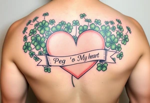 A ton of green shamrocks together with a big pale pink heart with a banner across the heart that says Peg 'o My Heart tattoo idea
