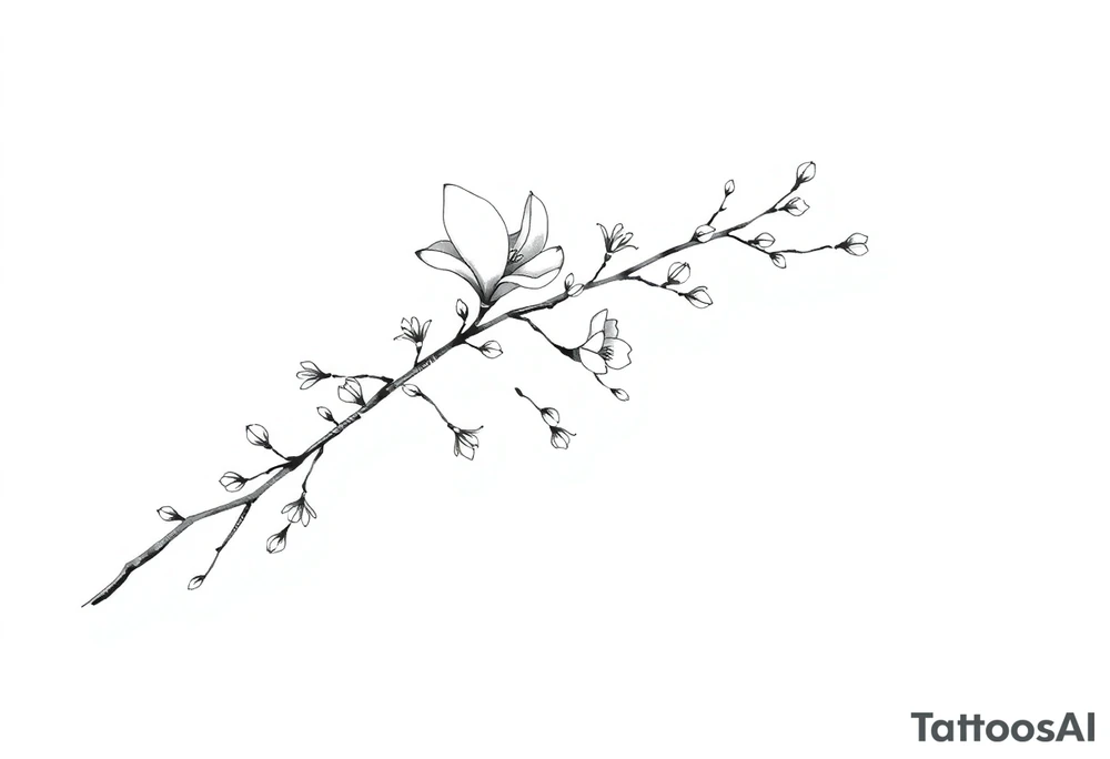 Graceful long magnolia branch with small flowers in early blossom stage with closed flowers tattoo idea