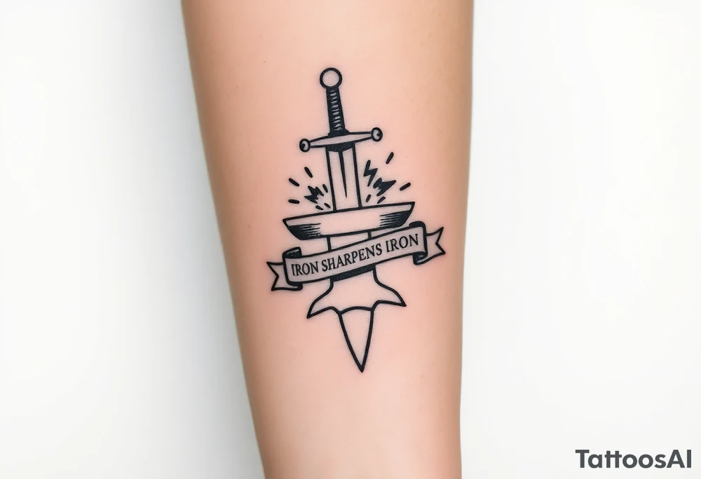 Black ink tattoo sketch of a sword striking an anvil with sparks flying. Banner wrapped around the sword reading “Iron Sharpens Iron.” Forearm tattoo design, bold outlines, no color, hand-drawn sketch style. tattoo idea