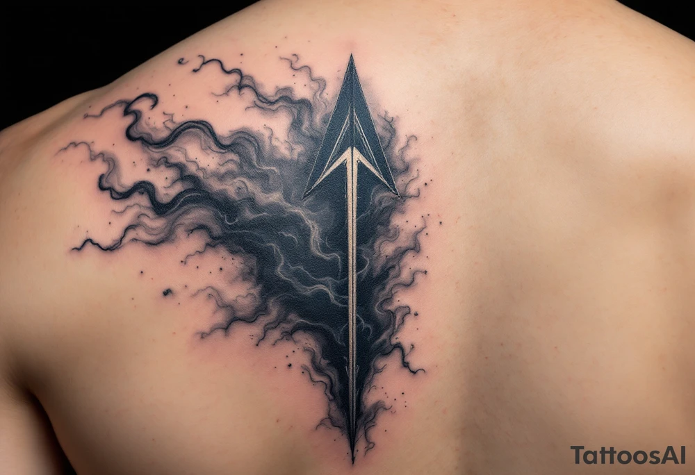 An arrow made of twisting shadows and mist in shades of dark gray and deep indigo, embodying mystery and illusion. tattoo idea