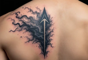 An arrow made of twisting shadows and mist in shades of dark gray and deep indigo, embodying mystery and illusion. tattoo idea