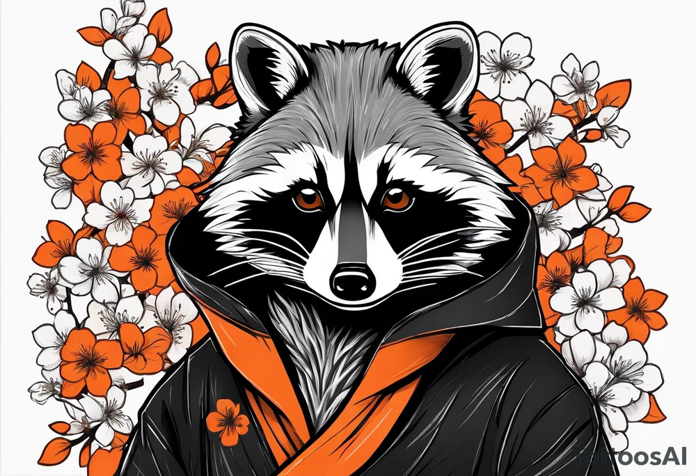 Raccoon wearing a white Superman logo on a black hoodie and orange Japanese cherry blossoms tattoo idea