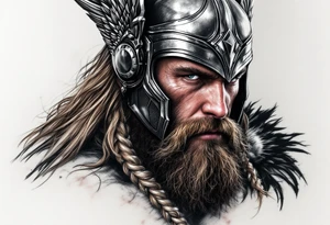 A portrait of Thor wearing a detailed winged helmet, his beard braided with small metallic rings, in hyper-realism with silver and dark brown tones. tattoo idea