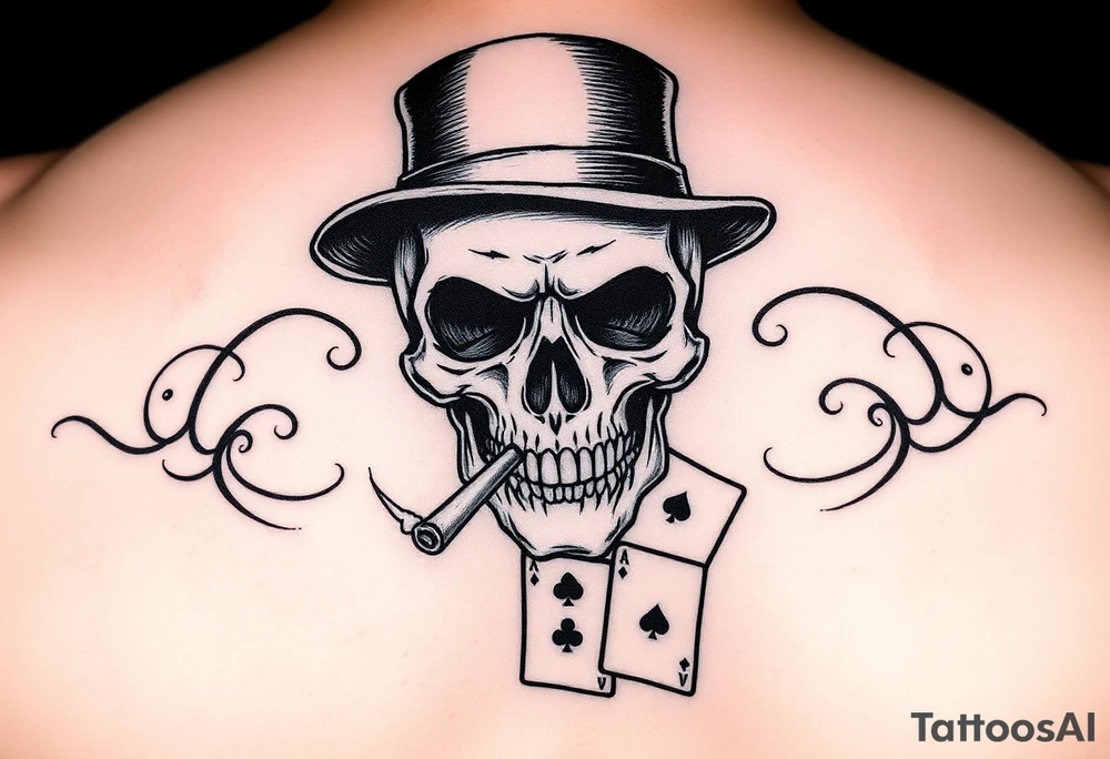 skull with top-hat,cigar in his mouth and playing cards. tattoo idea