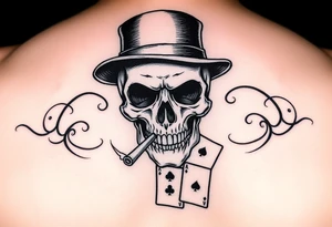 skull with top-hat,cigar in his mouth and playing cards. tattoo idea