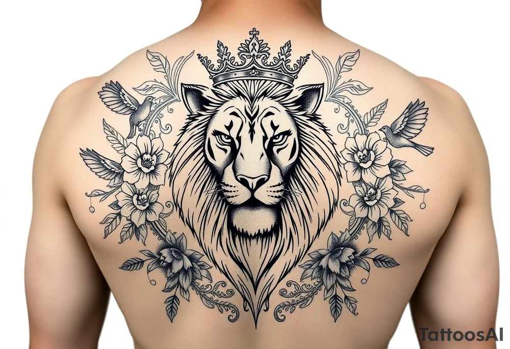 powerful majestic lion with a crown, surrounded by floral ornaments and birds tattoo idea