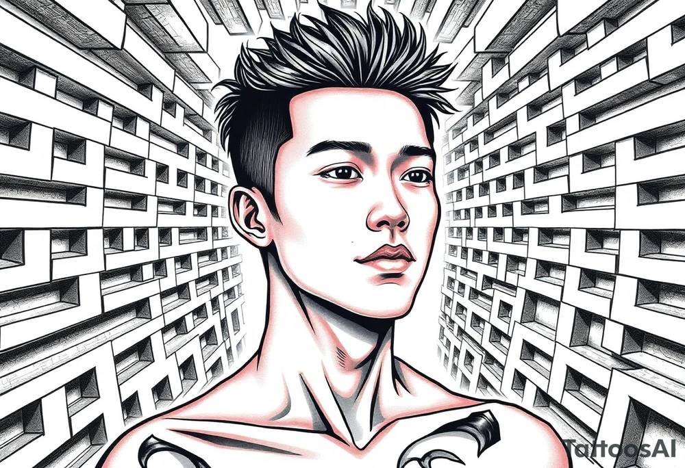 Handsome Asian young guy in labyrinth tattoo idea