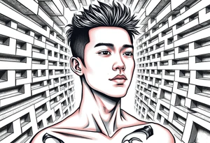 Handsome Asian young guy in labyrinth tattoo idea