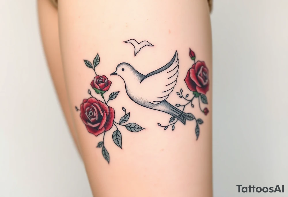 A collared dove surrounded by swirling vines and roses, with the dove in light gray and soft white, and the vines in green with hints of deep red for the roses tattoo idea
