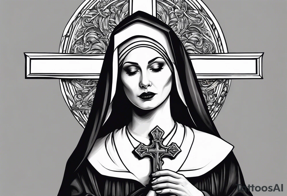 Evil Nun holding upside-down crucifix tattoo idea
