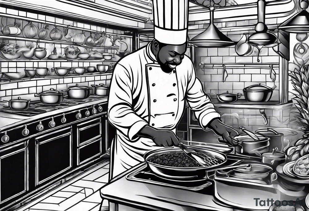 create a tattoo of a black chef cooking in a restaurant with hot flames tattoo idea