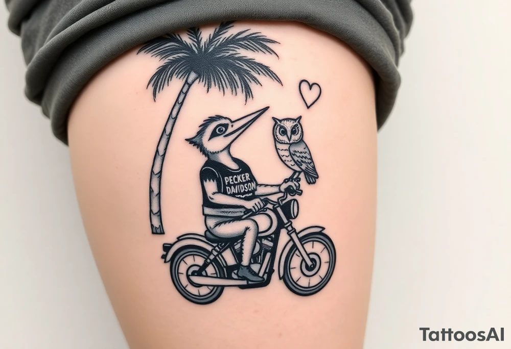 Woody the woodpecker wearing a leather vest that says peckerwoods, on a Harley Davidson under a palm tree, gazing in love at a barn owl tattoo idea