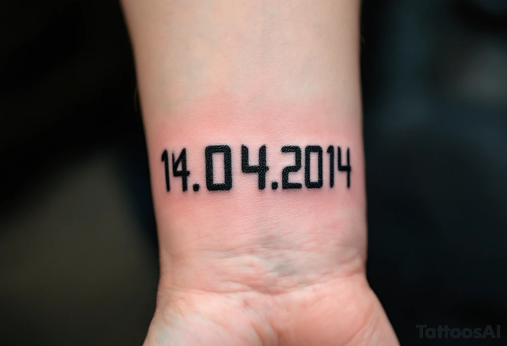 Digital-style 14.04.2014 in pixelated black font with neon-free, dark cyan touches. tattoo idea