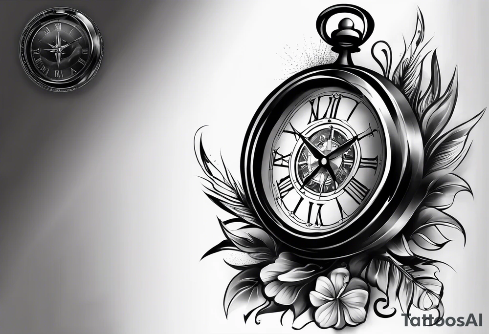 draw me a tattoo with an old clock and a compass rose. shadows of roman numerals are in the background. it is a tattoo located on the left shoulder of a man. it is black and white. tattoo idea