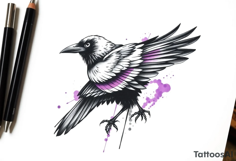 A crow tattoo that incorporates a strip/band of purple somewhere in the design to represent dealing with domestic abuse. tattoo idea