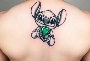 Stitch holding emerald birthstone for forearm tattoo idea