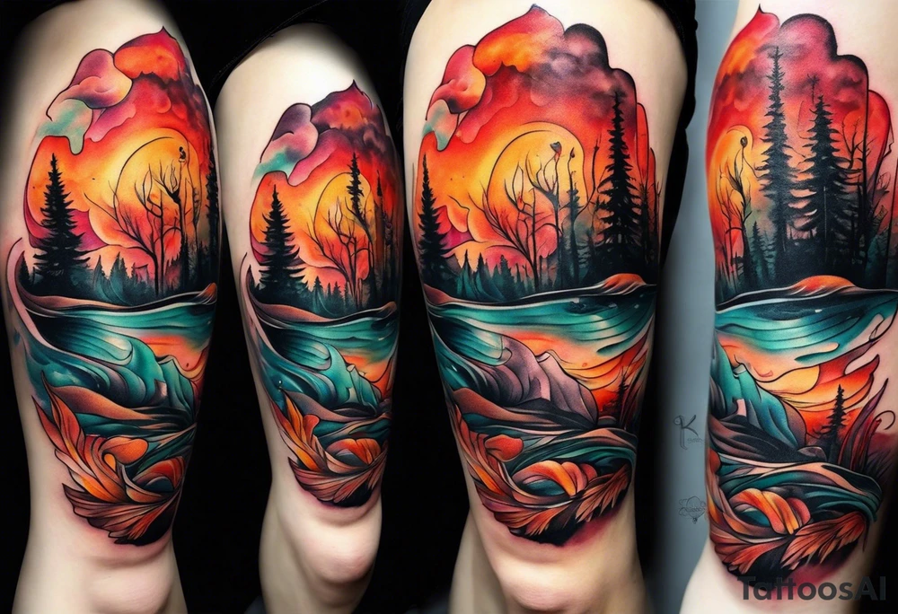 Knee tattoo in fall colors with water flow washes tattoo idea