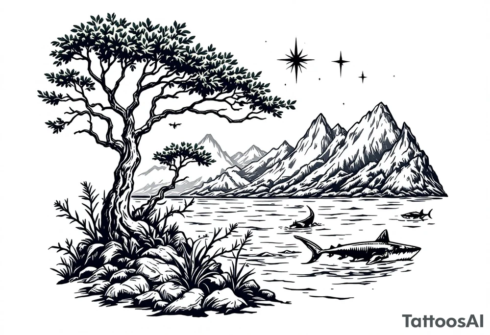 tattoo that has an acacia tree with mountains, ocean with a ship wreck with sharks and the northern star tattoo idea