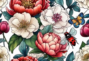 Vibrant peony with hydrangea and petunias and blossoms and foliage and a ladybug and a bee tattoo idea