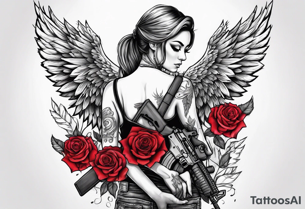 Beautiful angle standing with wings and tattoos surrounded by roses holding a ak 47 tattoo idea