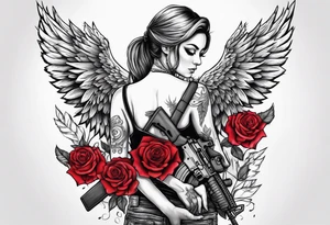 Beautiful angle standing with wings and tattoos surrounded by roses holding a ak 47 tattoo idea