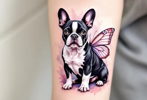 Black and white French Bulldog with butterfly wings, sitting calmly with a soft watercolor background in pastel pinks and purples. tattoo idea