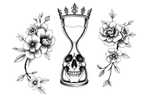 Hourglass with detailed beautiful gothic boho flowers on vine and skull with gorgeous crown tattoo idea